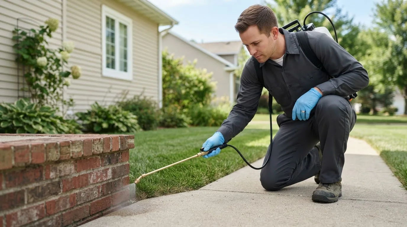 Pest control technician treating a home near Hamilton, MO